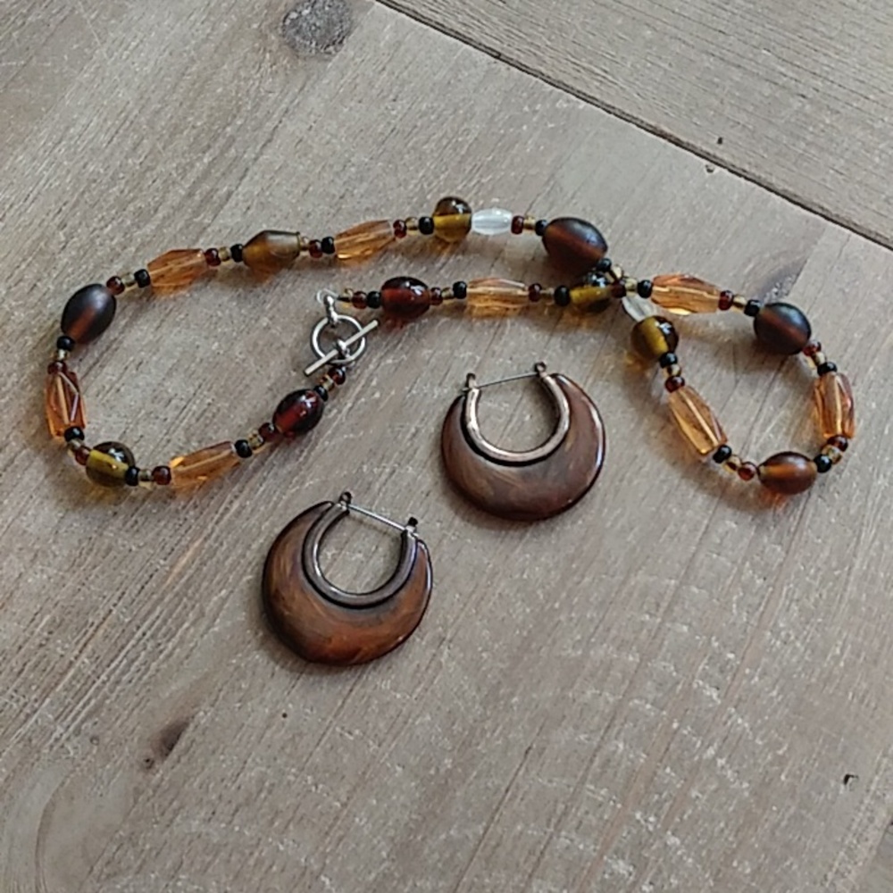 Brown Boho Stament Earrings Hoops & Brown  Beaded Necklace - Picture 11 of 17